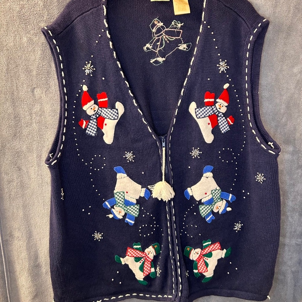 Bobbie Brooks Women's XL Christmas Navy Blue Snowman Zipper Vest